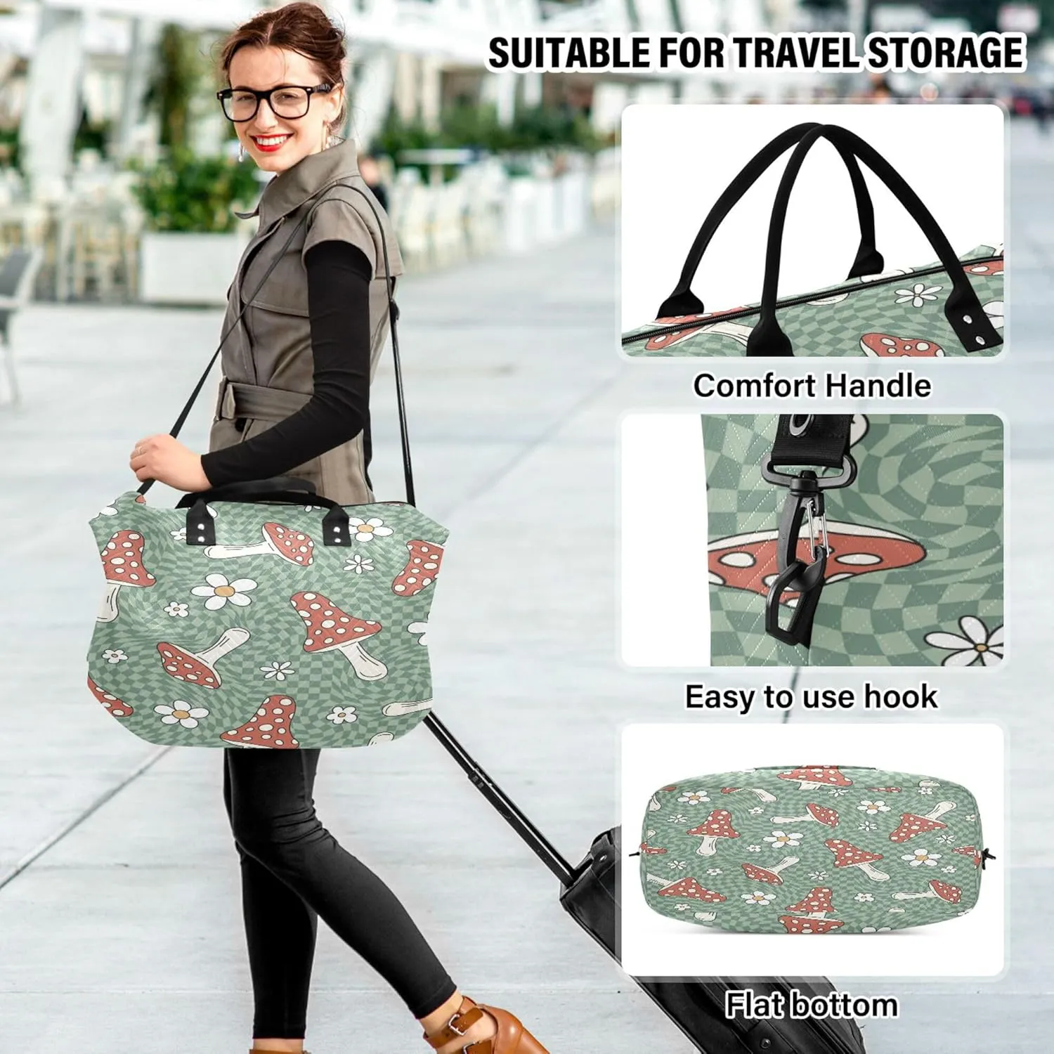 Exnundod Women Weekender Bags Magic Mushroom Daisy Flower Travel Duffel Bags Carry On Overnight Bag Large Hospital Tote Luggage