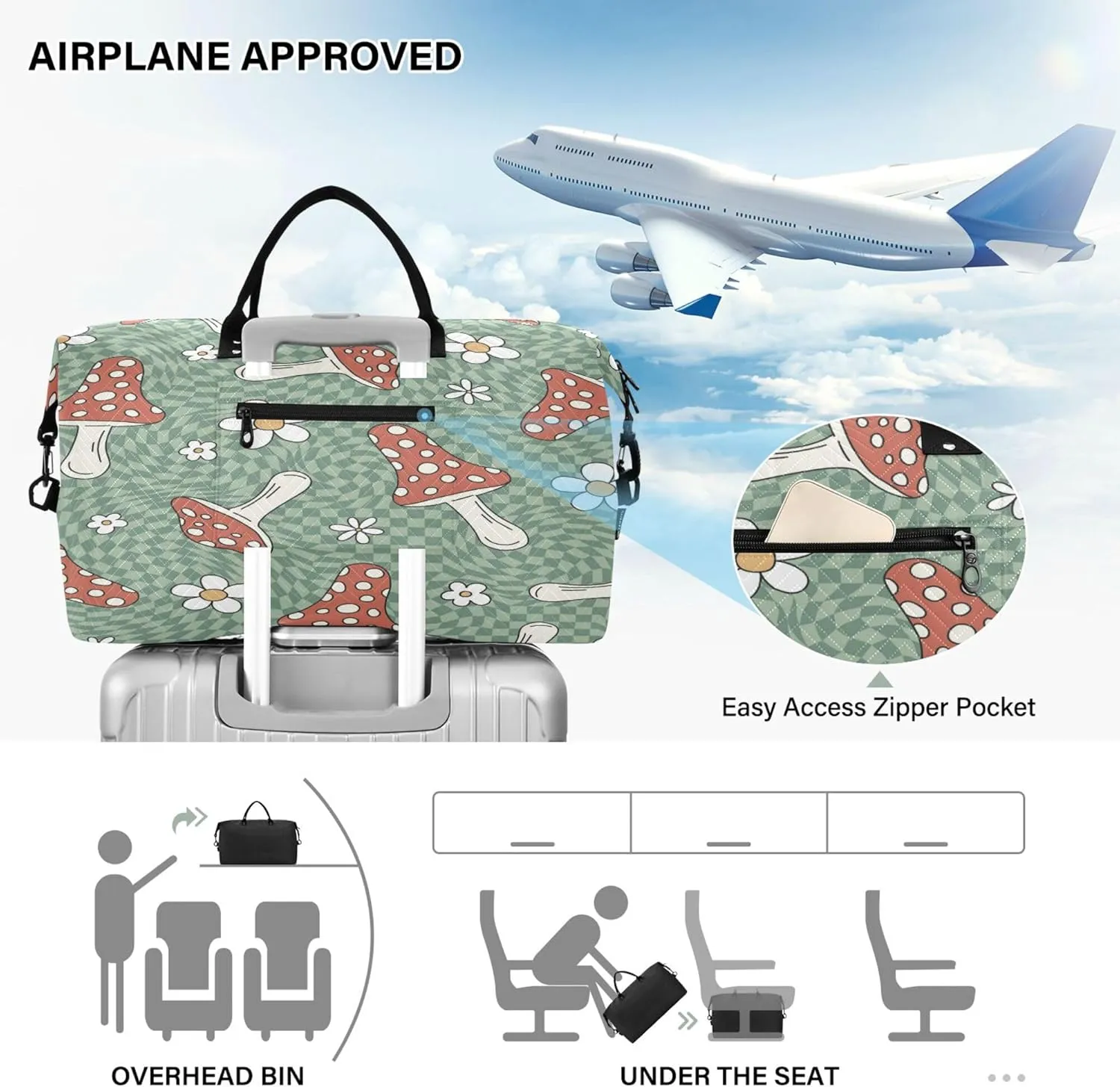 Exnundod Women Weekender Bags Magic Mushroom Daisy Flower Travel Duffel Bags Carry On Overnight Bag Large Hospital Tote Luggage
