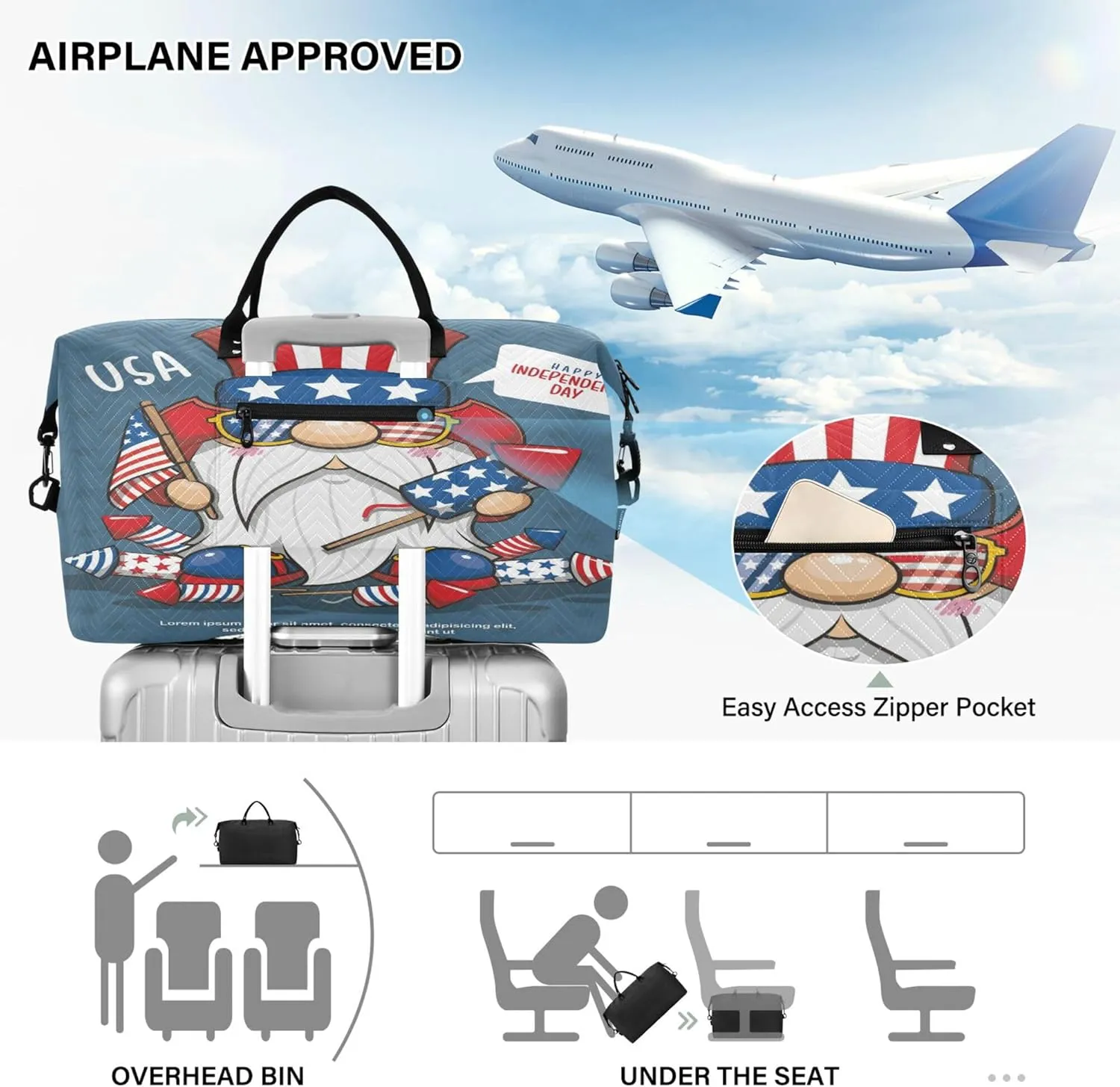 Exnundod Women Weekender Bags Patriotic Gnome Travel Duffel Bags Carry On Overnight Bag Happy Independence Day Large Hospital Tote Luggage