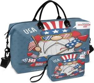 Exnundod Women Weekender Bags Patriotic Gnome Travel Duffel Bags Carry On Overnight Bag Happy Independence Day Large Hospital Tote Luggage