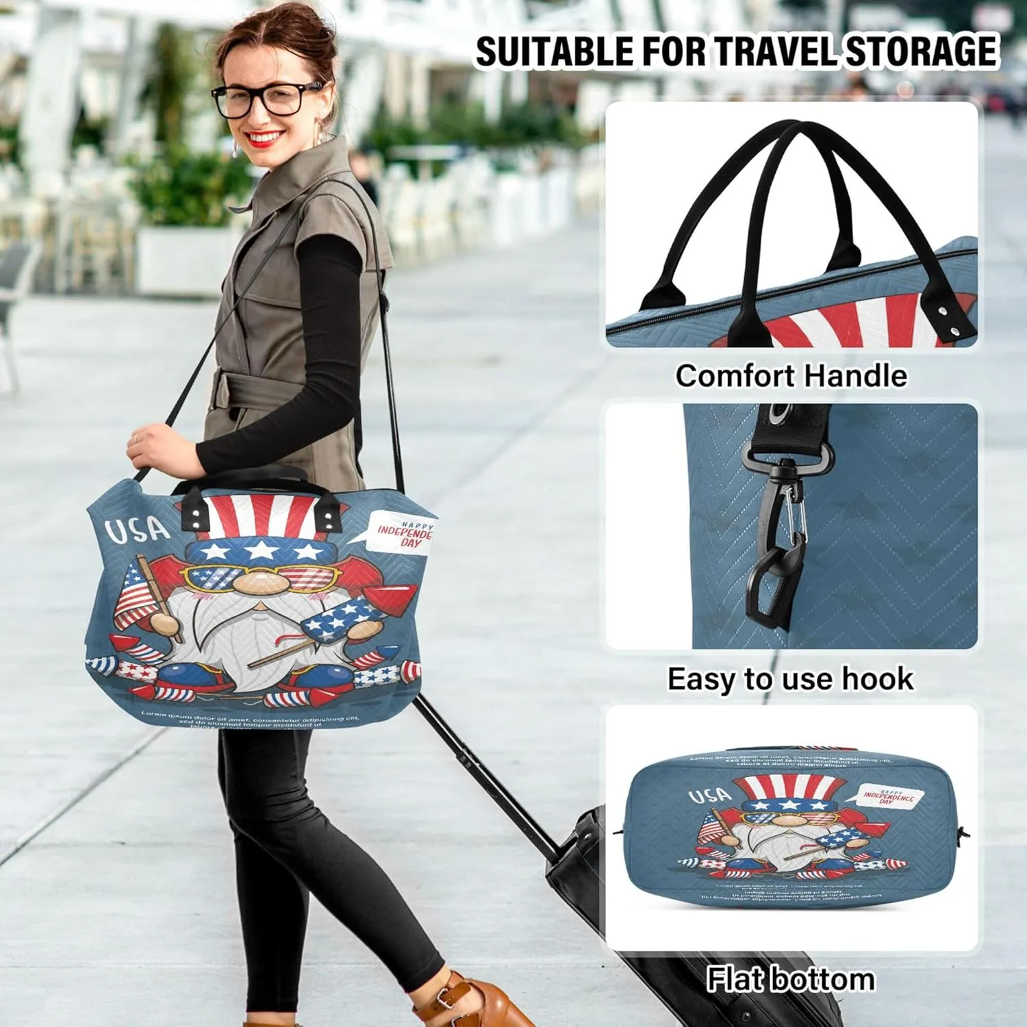 Exnundod Women Weekender Bags Patriotic Gnome Travel Duffel Bags Carry On Overnight Bag Happy Independence Day Large Hospital Tote Luggage