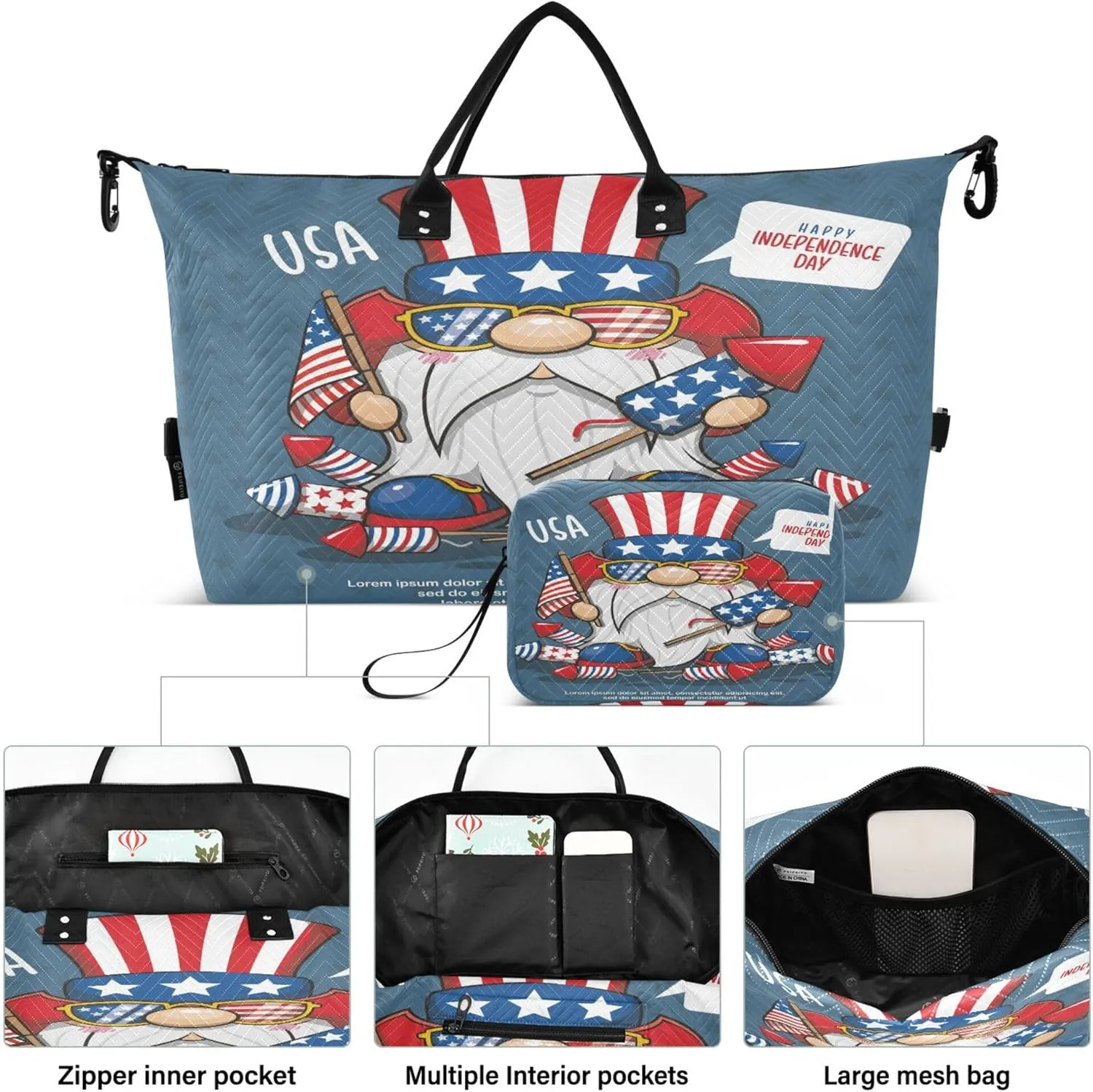 Exnundod Women Weekender Bags Patriotic Gnome Travel Duffel Bags Carry On Overnight Bag Happy Independence Day Large Hospital Tote Luggage