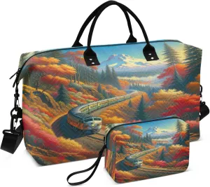 Exnundod Women Weekender Bags Railroad Train Autumn Mountains Travel Duffel Bags Carry On Overnight Bag Large Hospital Tote Luggage
