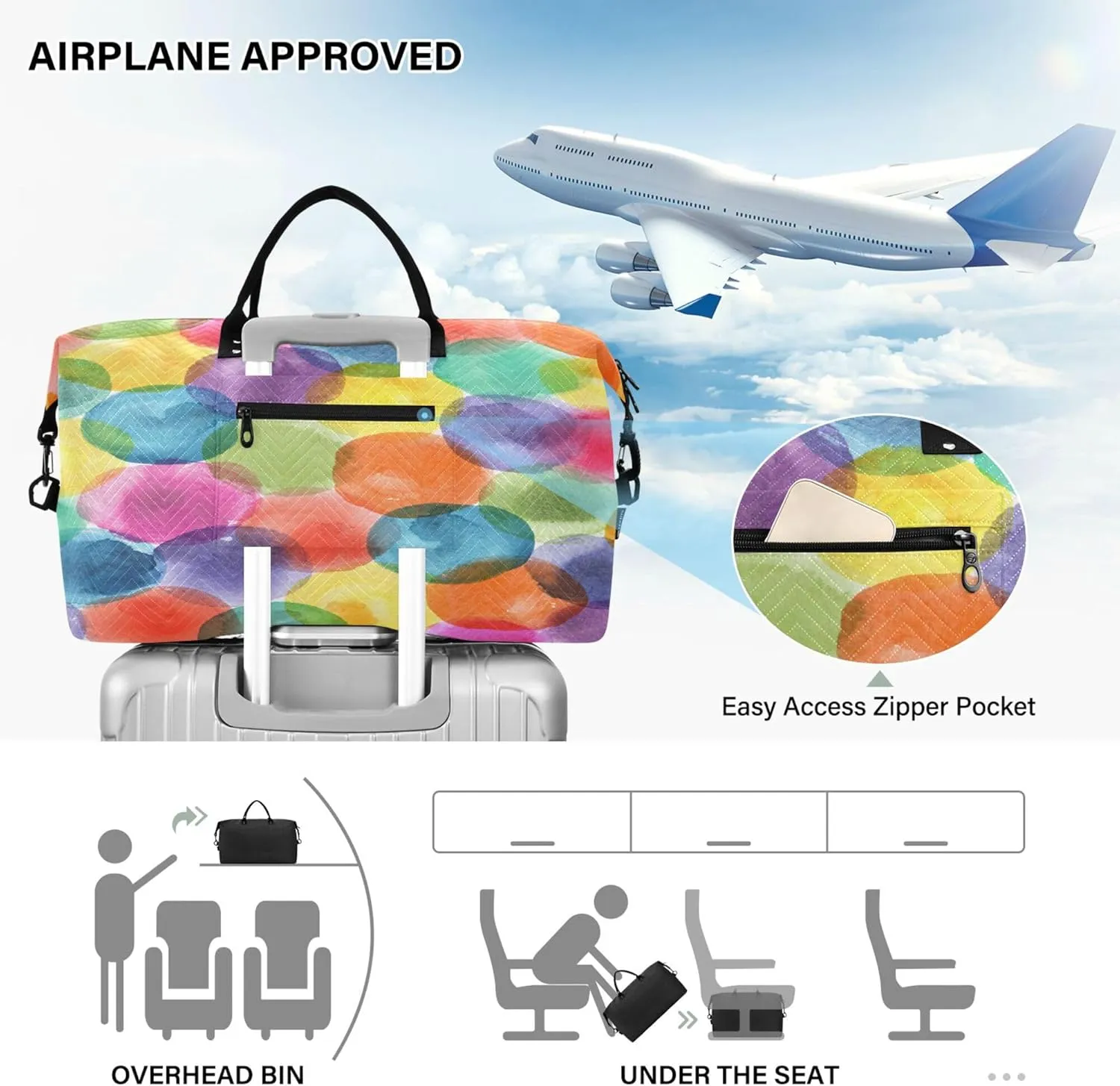 Exnundod Women Weekender Bags Watercolor Dot Colors Travel Duffel Bags Carry On Overnight Bag Large Hospital Tote Luggage