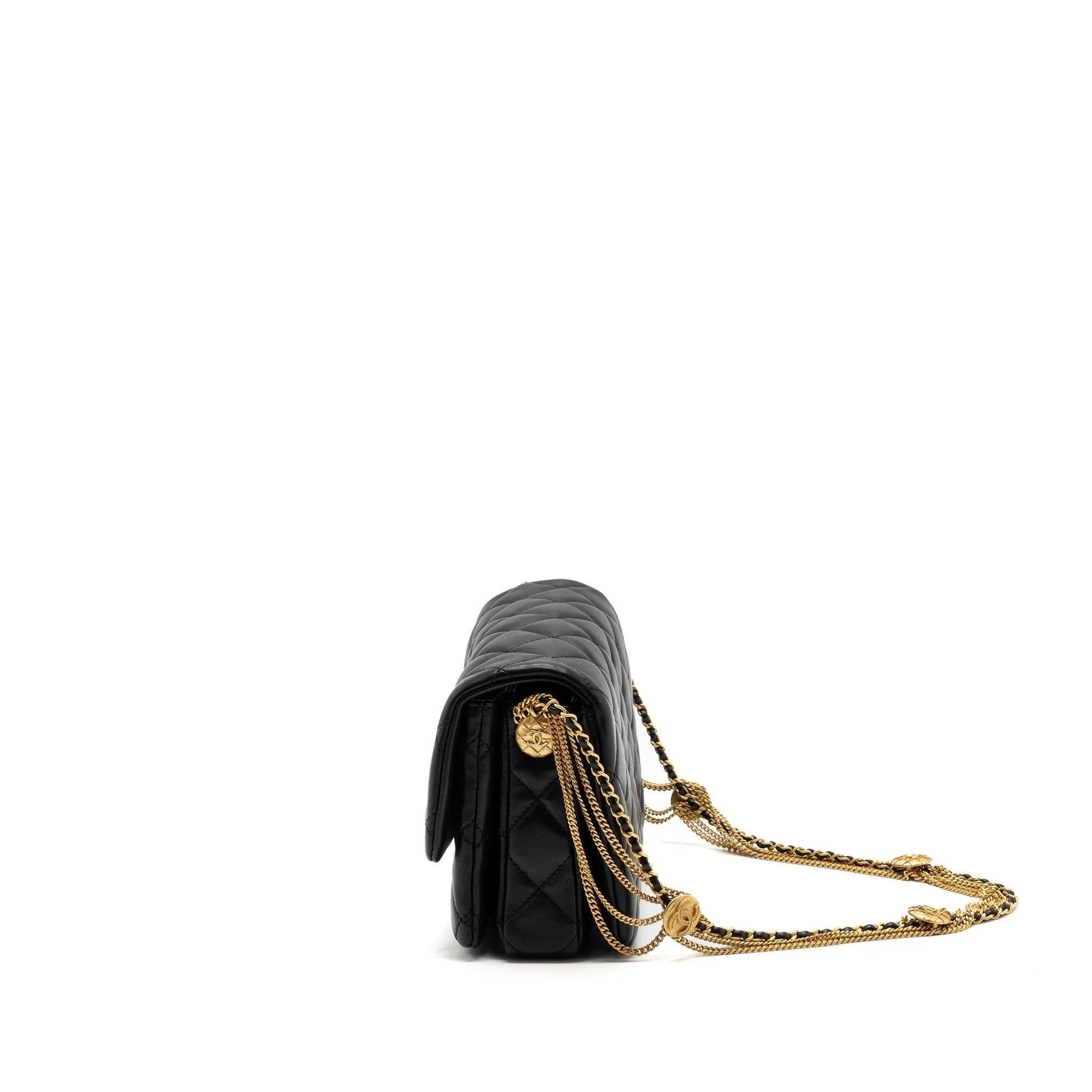 Exquisite Lambskin On Bag 22a Black (Microchip) Brushed Flap Chanel Chain Shoulder Button Optimized