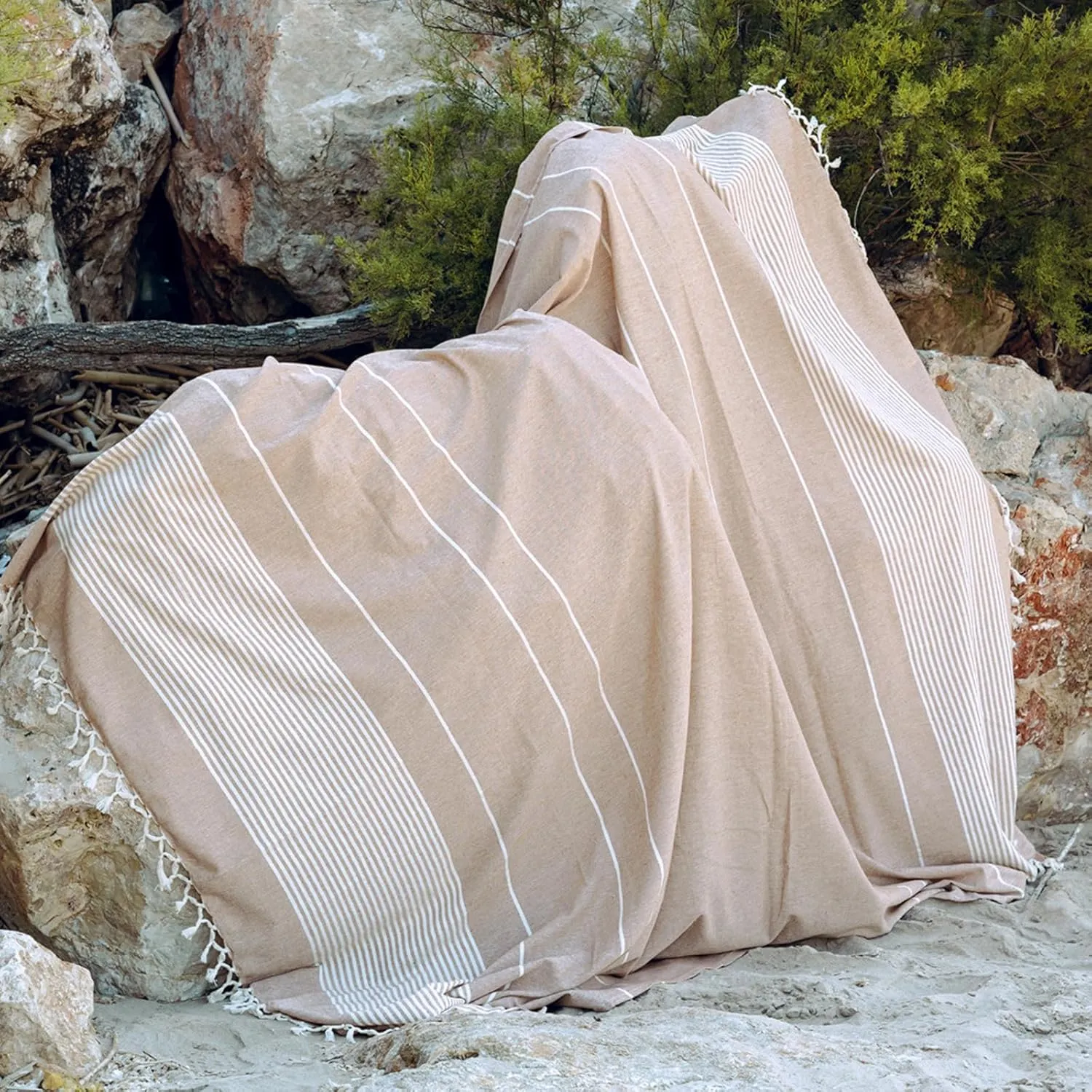 Extra Large Turkish Beach Towel Style – Made of 100% Cotton for Sand-Free Comfort | Oversized Beach Towel – Sandproof Beach Blanket – Big Beach Mat - Outdoor Picnic (Beige, 83x94 in)