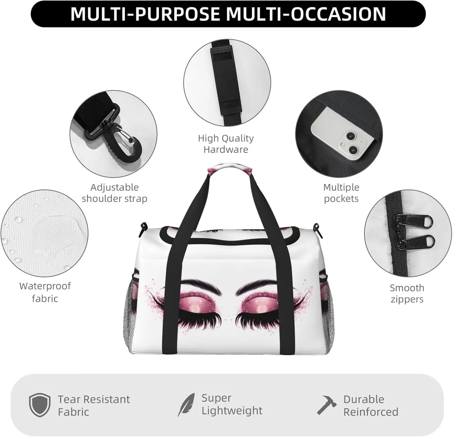 Eyeshadow Eyelash Purple Travel Weekender Overnight Bags Foldable Hand Travel Bag Sport Gym Duffel Bag For Men Women