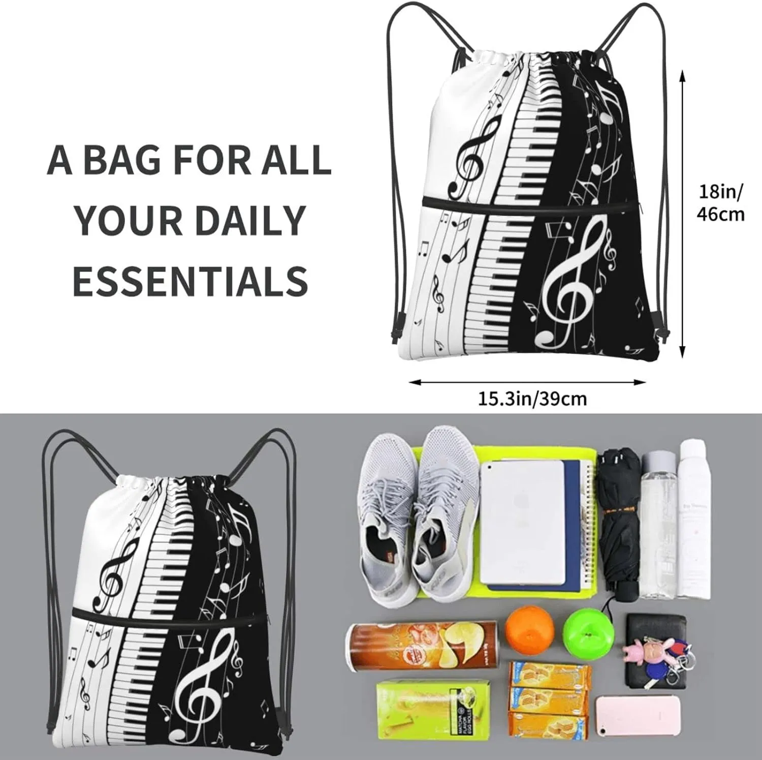 Famame Piano Keys Music Note Drawstring Backpack String Bag Sackpack For Gym Shopping Beach Sport Yoga