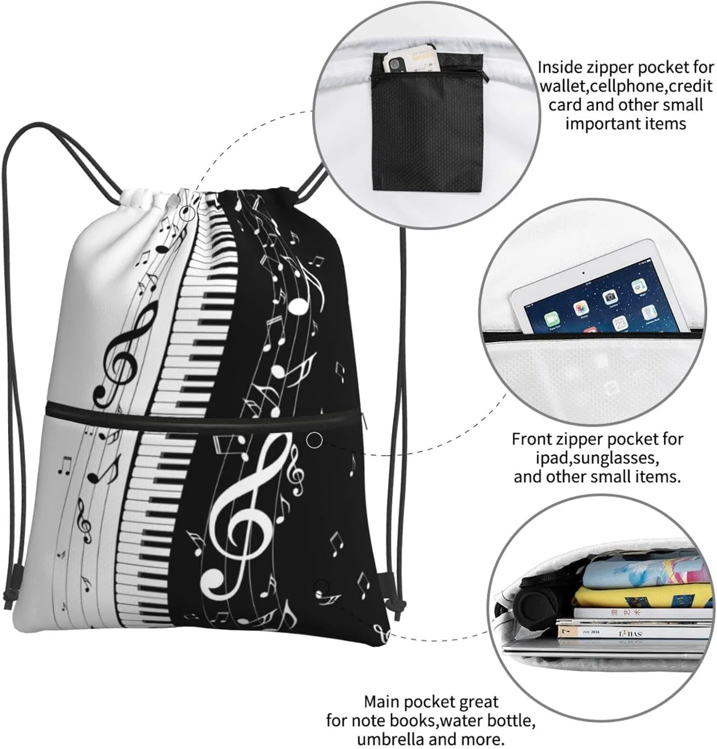Famame Piano Keys Music Note Drawstring Backpack String Bag Sackpack For Gym Shopping Beach Sport Yoga
