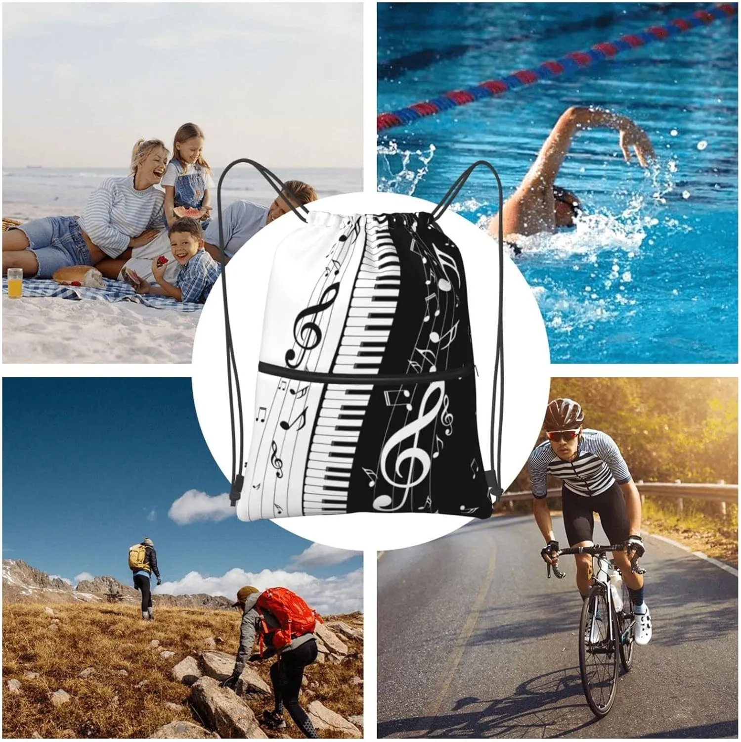 Famame Piano Keys Music Note Drawstring Backpack String Bag Sackpack For Gym Shopping Beach Sport Yoga