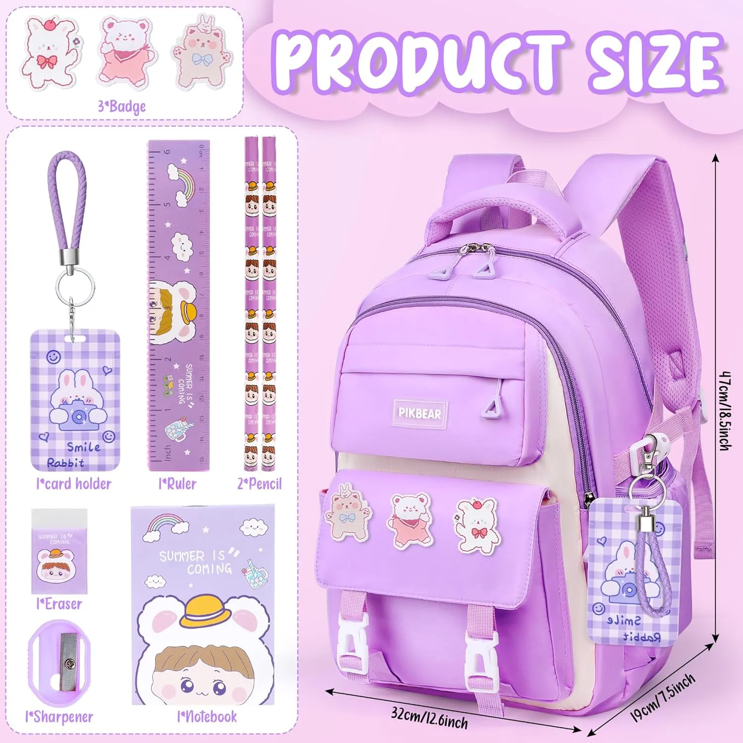 FAMATE School Backpack Set for Girls, Large Capacity, with Plush Keychain (PURPLE)