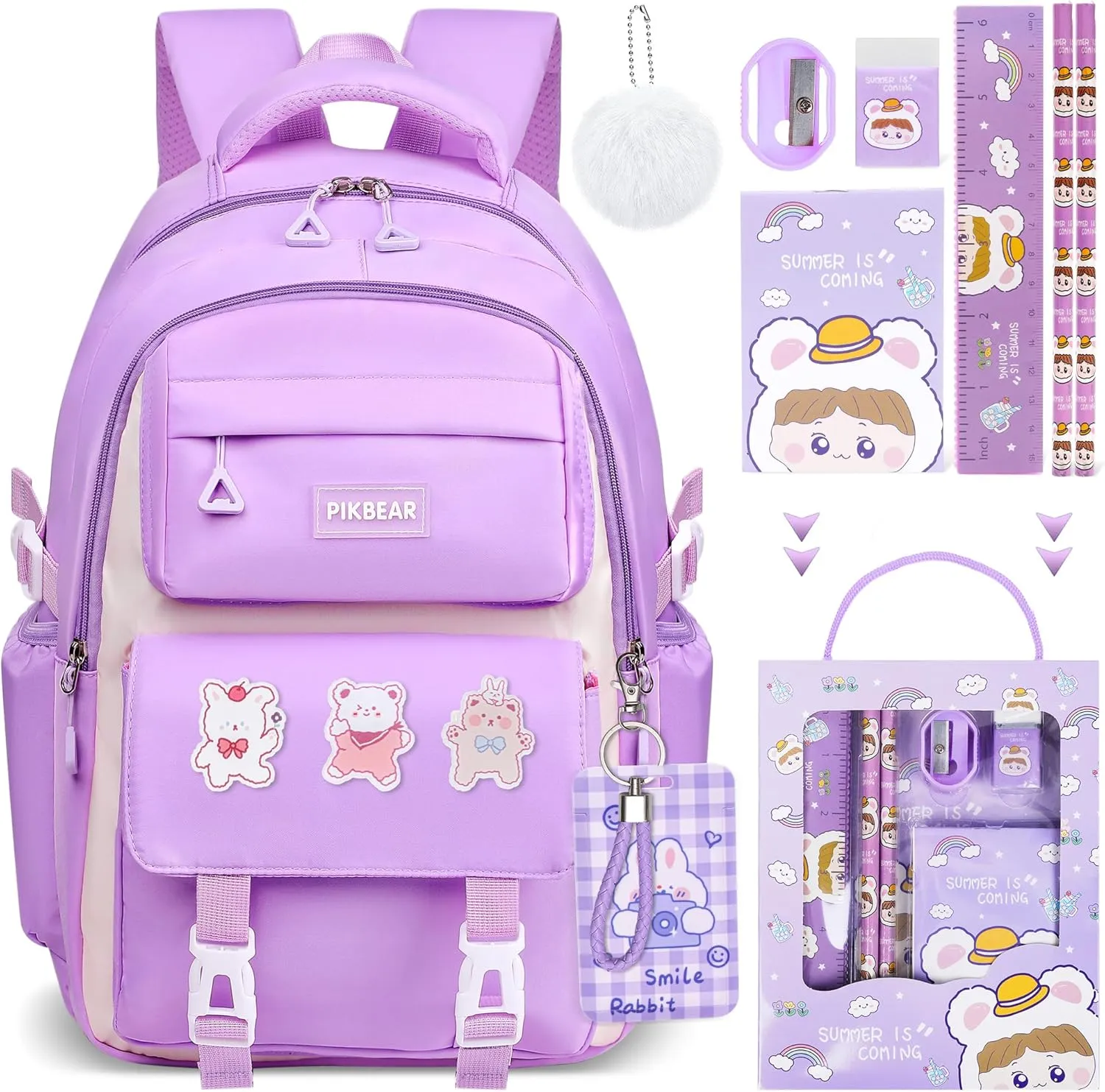 FAMATE School Backpack Set for Girls, Large Capacity, with Plush Keychain (PURPLE)
