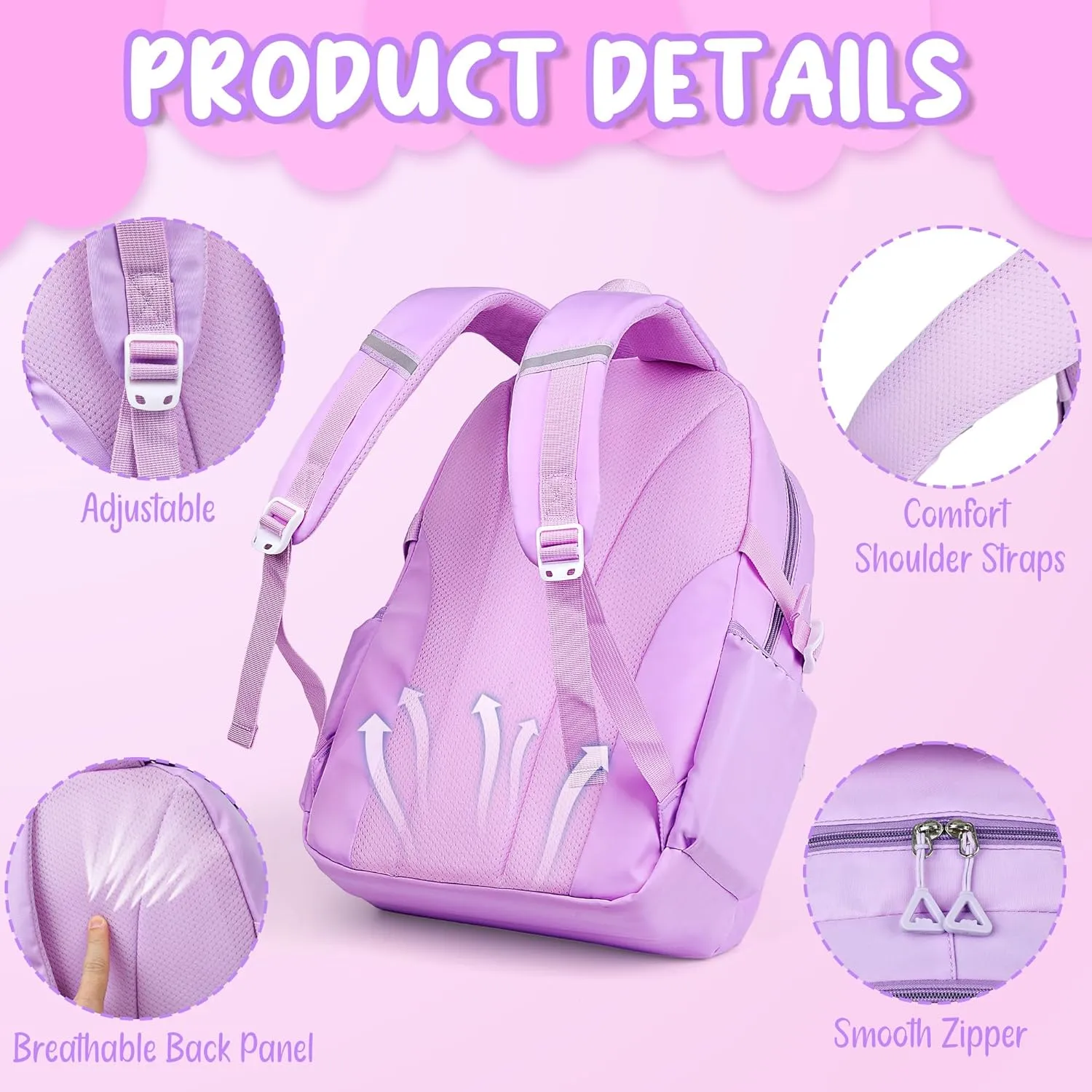 FAMATE School Backpack Set for Girls, Large Capacity, with Plush Keychain (PURPLE)