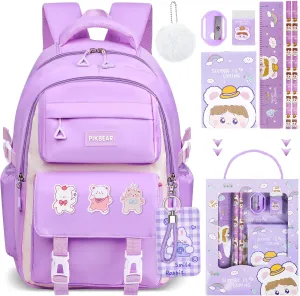 FAMATE School Backpack Set for Girls, Large Capacity, with Plush Keychain (PURPLE)