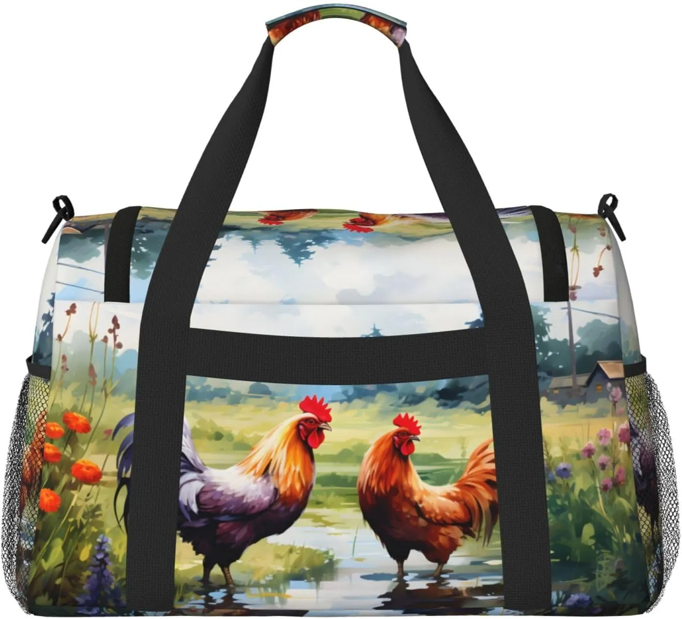 Farm Chicken Grass Duffle Bag Foldable Travel Tote Bag Carry On Large Weekender Overnight Bags Waterproof Gym Bag For Women Men