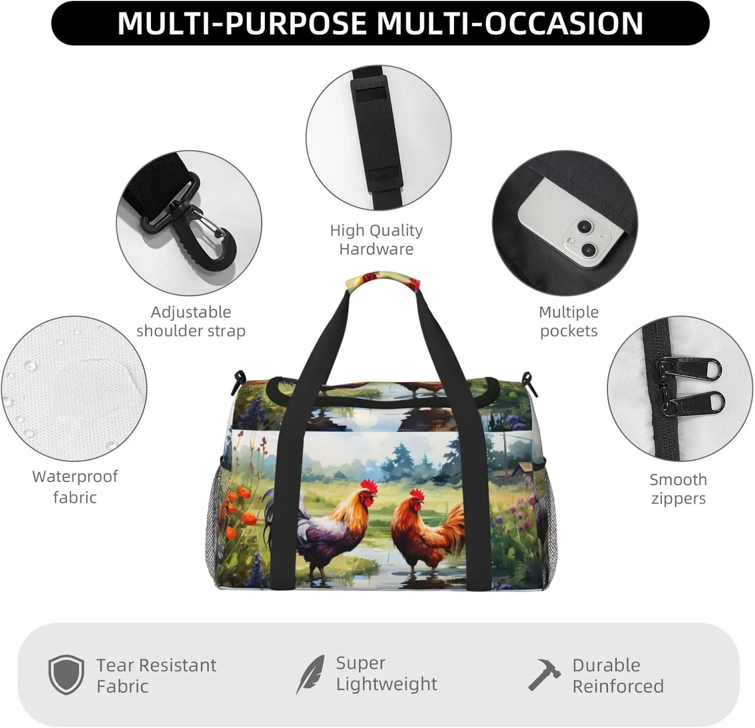 Farm Chicken Grass Duffle Bag Foldable Travel Tote Bag Carry On Large Weekender Overnight Bags Waterproof Gym Bag For Women Men