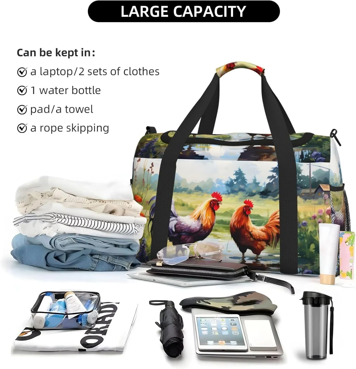 Farm Chicken Grass Duffle Bag Foldable Travel Tote Bag Carry On Large Weekender Overnight Bags Waterproof Gym Bag For Women Men