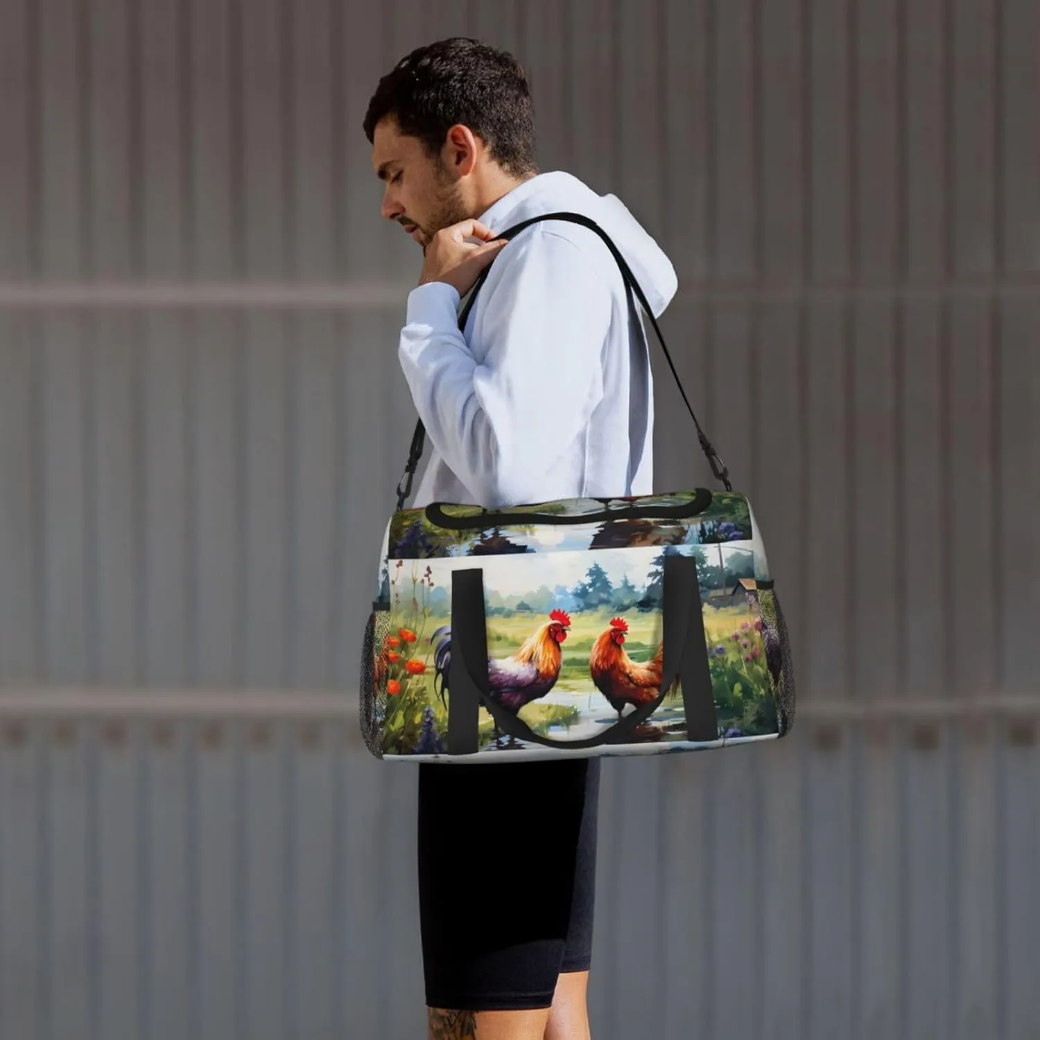 Farm Chicken Grass Duffle Bag Foldable Travel Tote Bag Carry On Large Weekender Overnight Bags Waterproof Gym Bag For Women Men