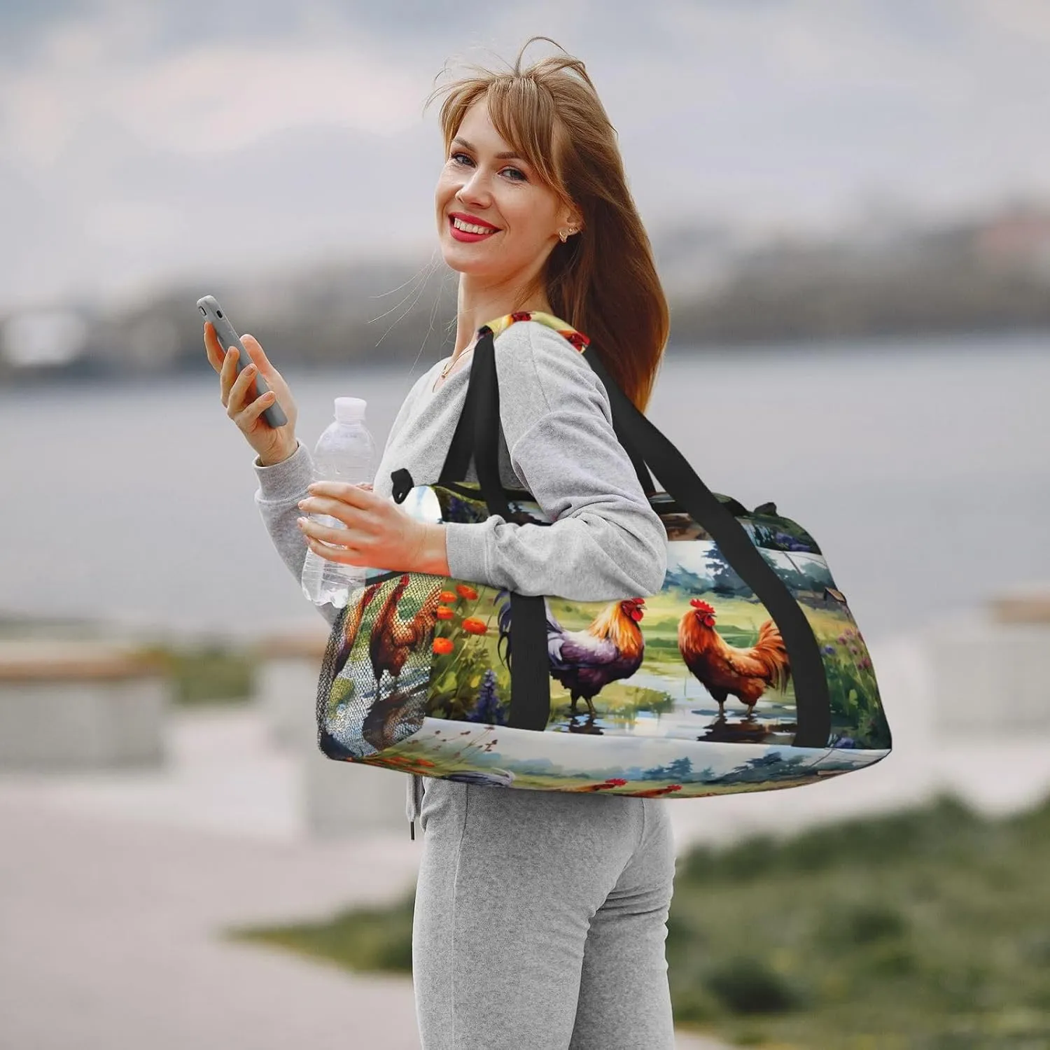 Farm Chicken Grass Duffle Bag Foldable Travel Tote Bag Carry On Large Weekender Overnight Bags Waterproof Gym Bag For Women Men