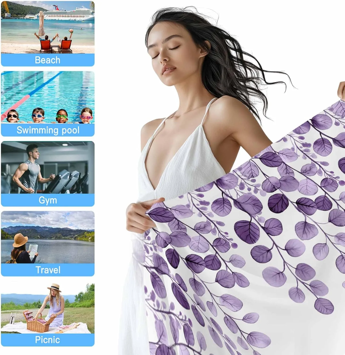 Farmhouse Eucalyptus Microfiber Sandproof Beach Towel for Pool Swimming, Botanical Purple Leaf Branch Floral Quick Dry Absorbent Soft Towels for Bath Camping Travel, Lightweight Breathable 30"x60"
