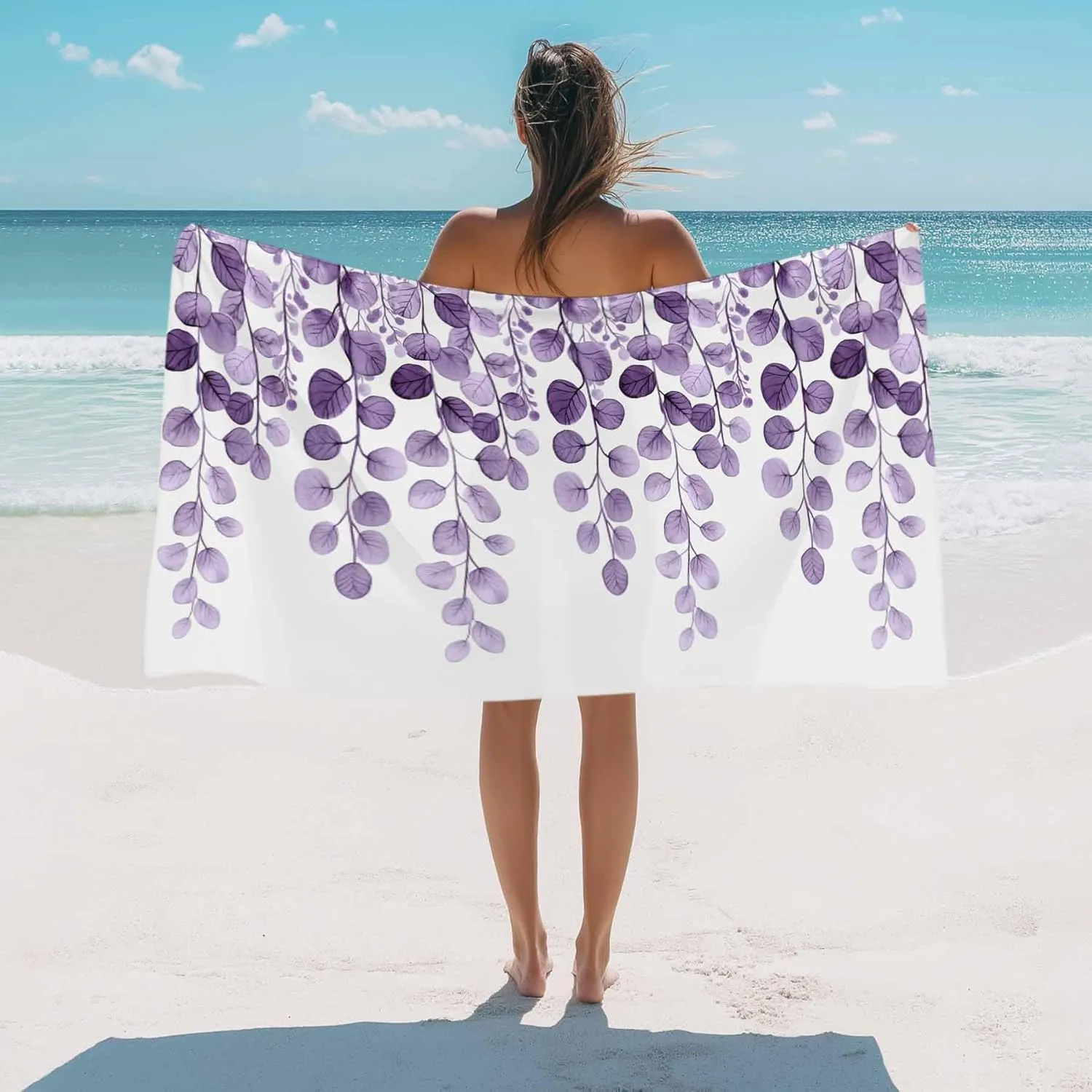 Farmhouse Eucalyptus Microfiber Sandproof Beach Towel for Pool Swimming, Botanical Purple Leaf Branch Floral Quick Dry Absorbent Soft Towels for Bath Camping Travel, Lightweight Breathable 30"x60"