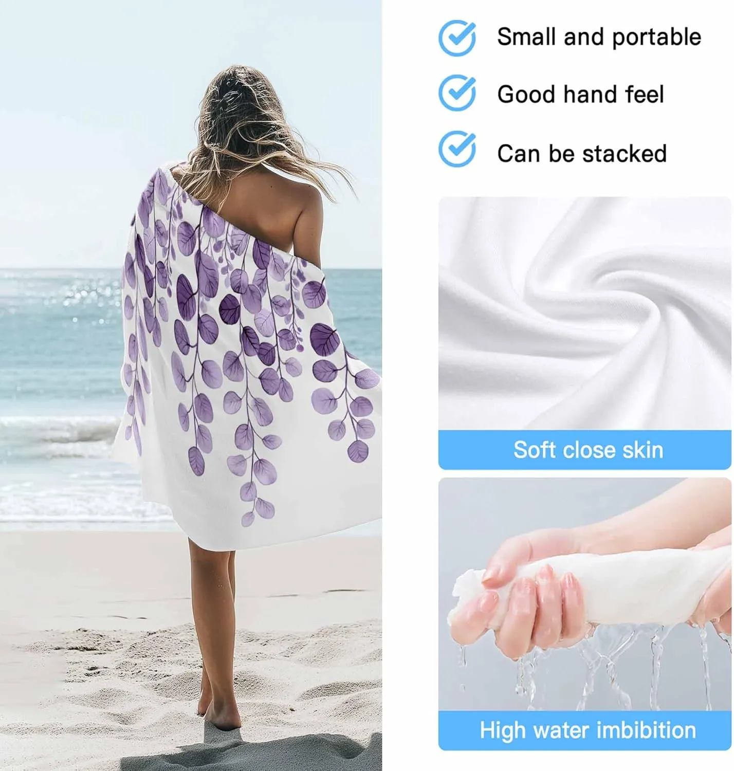 Farmhouse Eucalyptus Microfiber Sandproof Beach Towel for Pool Swimming, Botanical Purple Leaf Branch Floral Quick Dry Absorbent Soft Towels for Bath Camping Travel, Lightweight Breathable 30"x60"