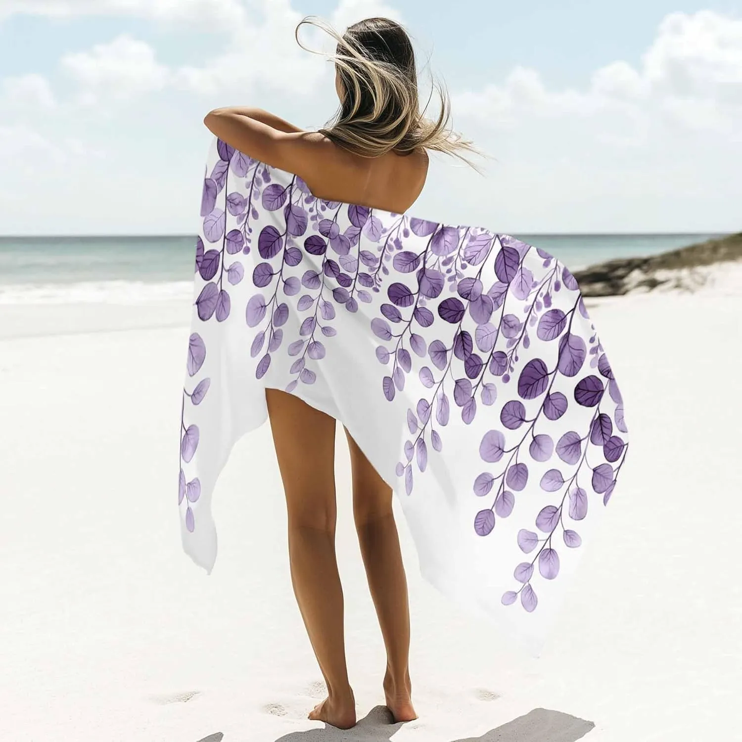 Farmhouse Eucalyptus Microfiber Sandproof Beach Towel for Pool Swimming, Botanical Purple Leaf Branch Floral Quick Dry Absorbent Soft Towels for Bath Camping Travel, Lightweight Breathable 30"x60"