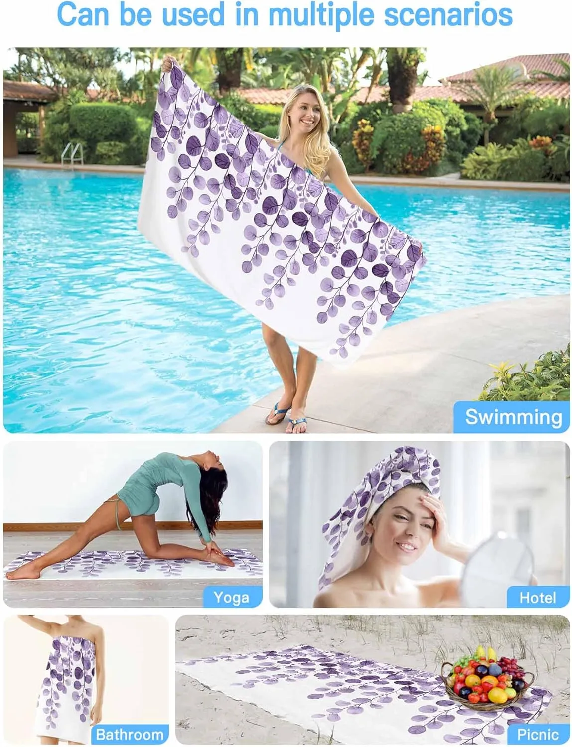 Farmhouse Eucalyptus Microfiber Sandproof Beach Towel for Pool Swimming, Botanical Purple Leaf Branch Floral Quick Dry Absorbent Soft Towels for Bath Camping Travel, Lightweight Breathable 30"x60"