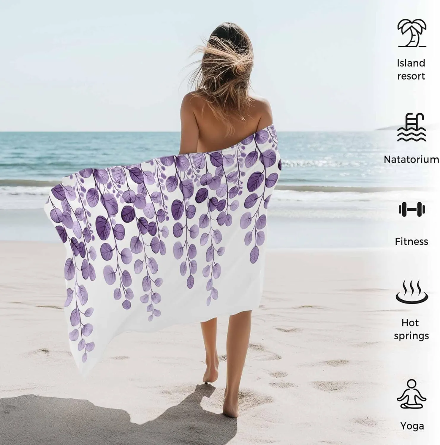 Farmhouse Eucalyptus Microfiber Sandproof Beach Towel for Pool Swimming, Botanical Purple Leaf Branch Floral Quick Dry Absorbent Soft Towels for Bath Camping Travel, Lightweight Breathable 30"x60"