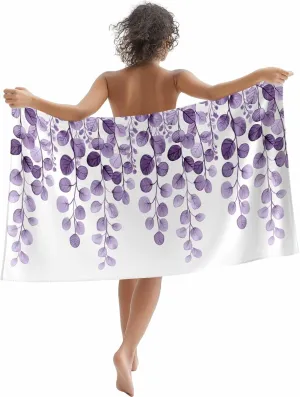 Farmhouse Eucalyptus Microfiber Sandproof Beach Towel for Pool Swimming, Botanical Purple Leaf Branch Floral Quick Dry Absorbent Soft Towels for Bath Camping Travel, Lightweight Breathable 30"x60"