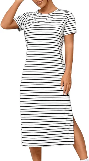 Fashion Womens Spring Summer Dresses Striped Short Sleeve Casual Dress Slim Side Split Business Dress with Pocket