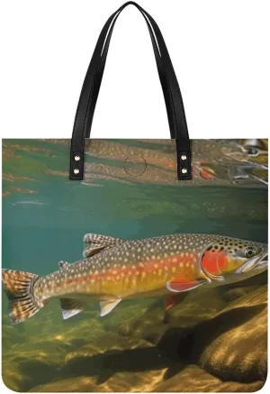 Faux Leather Hangbag for Women,Brook Trout Fly Fishing Print Tote Bags,Leather Big Purses And Handbags for Work Dating Travel Shopping