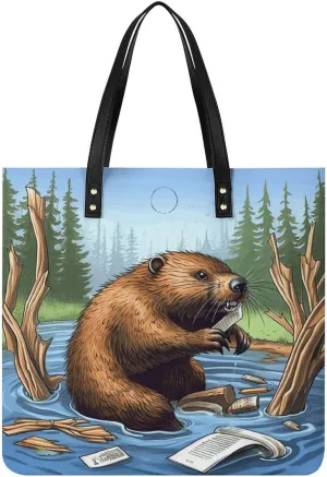 Faux Leather Hangbag for Women,Busy Beaver Cartoon Print Tote Bags,Leather Big Purses And Handbags for Work Dating Travel Shopping