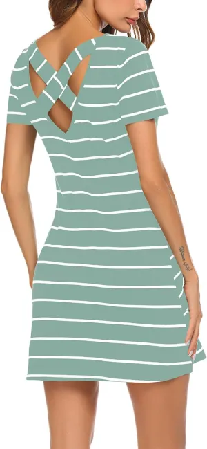 Feager Women's Casual Striped Criss Cross Short Sleeve T Shirt Dress