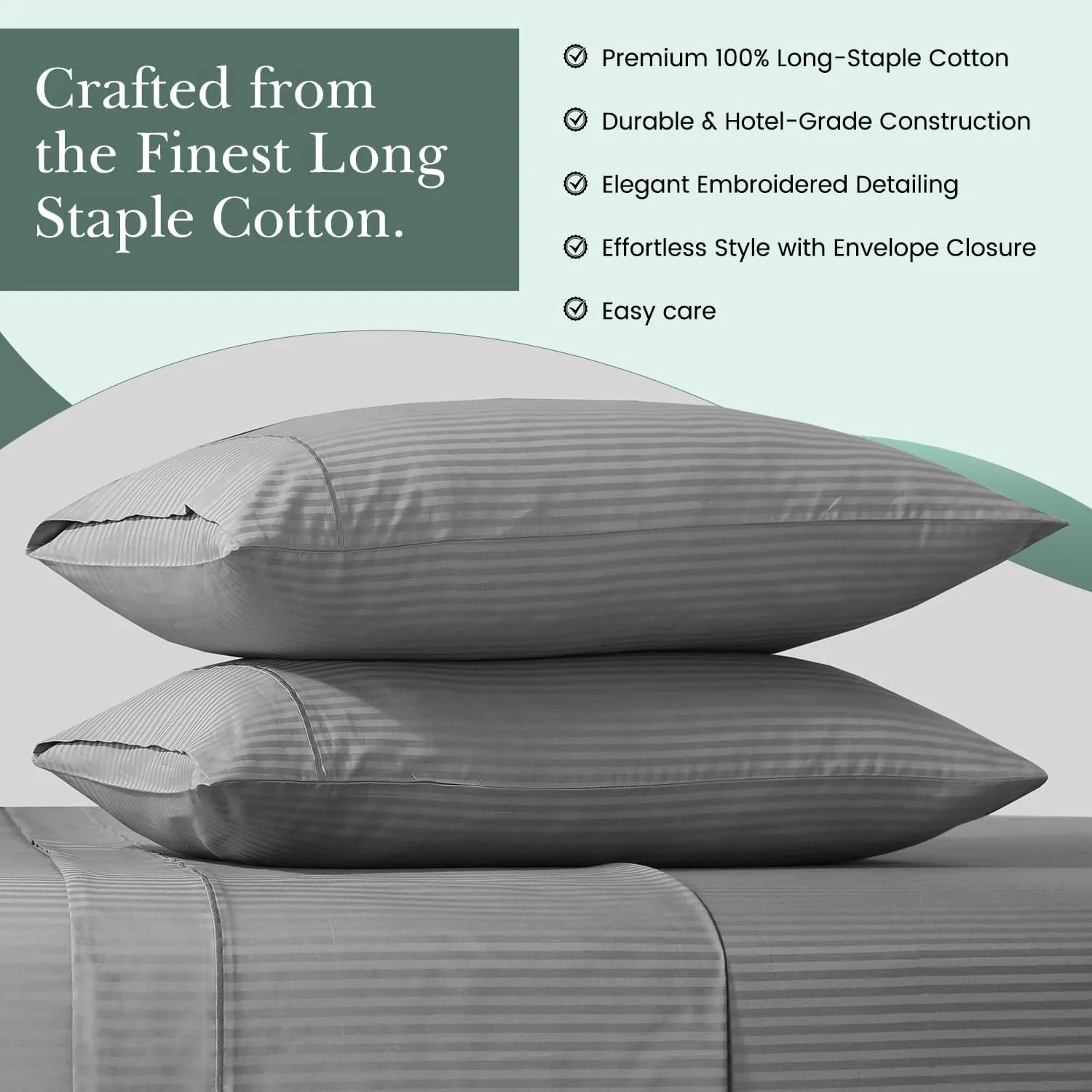 Feather & Stitch Pillow Covers Set of 2, Envelope Closure King Size Pillowcases, Soft Luxury 500 TC Damask Stripe Sateen Weave Pillow Case, 20x40 Inches - Grey