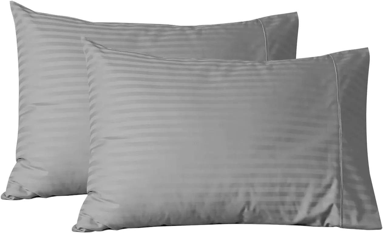 Feather & Stitch Pillow Covers Set of 2, Envelope Closure King Size Pillowcases, Soft Luxury 500 TC Damask Stripe Sateen Weave Pillow Case, 20x40 Inches - Grey