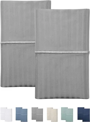 Feather & Stitch Pillow Covers Set of 2, Envelope Closure King Size Pillowcases, Soft Luxury 500 TC Damask Stripe Sateen Weave Pillow Case, 20x40 Inches - Grey