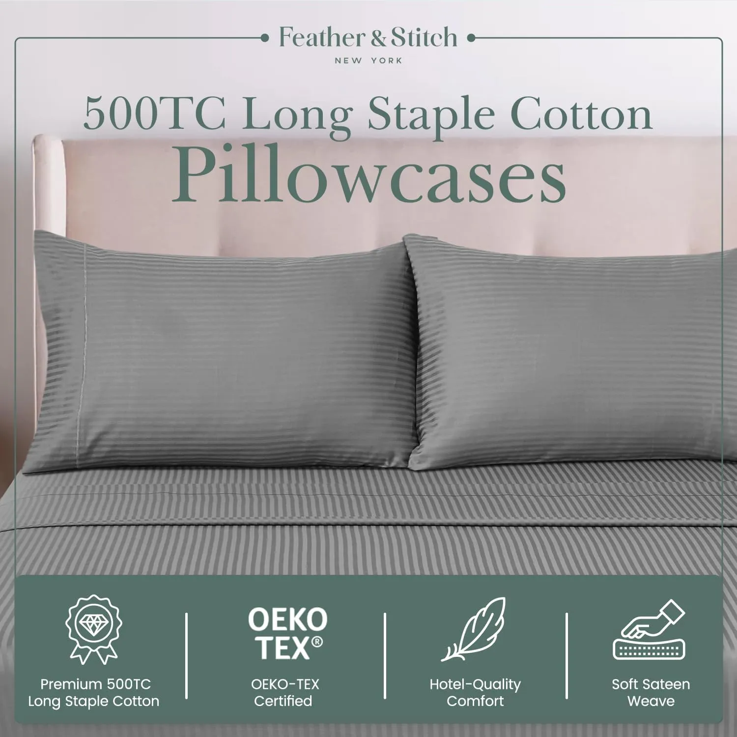 Feather & Stitch Pillow Covers Set of 2, Envelope Closure King Size Pillowcases, Soft Luxury 500 TC Damask Stripe Sateen Weave Pillow Case, 20x40 Inches - Grey