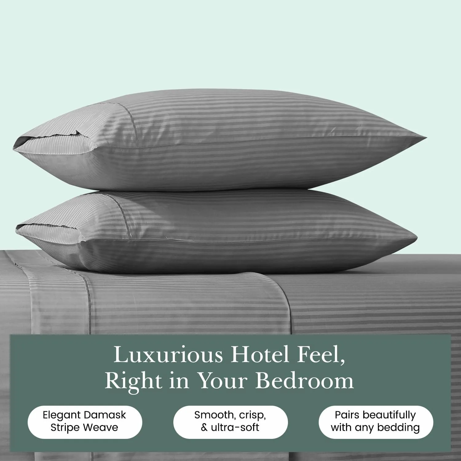 Feather & Stitch Pillow Covers Set of 2, Envelope Closure King Size Pillowcases, Soft Luxury 500 TC Damask Stripe Sateen Weave Pillow Case, 20x40 Inches - Grey