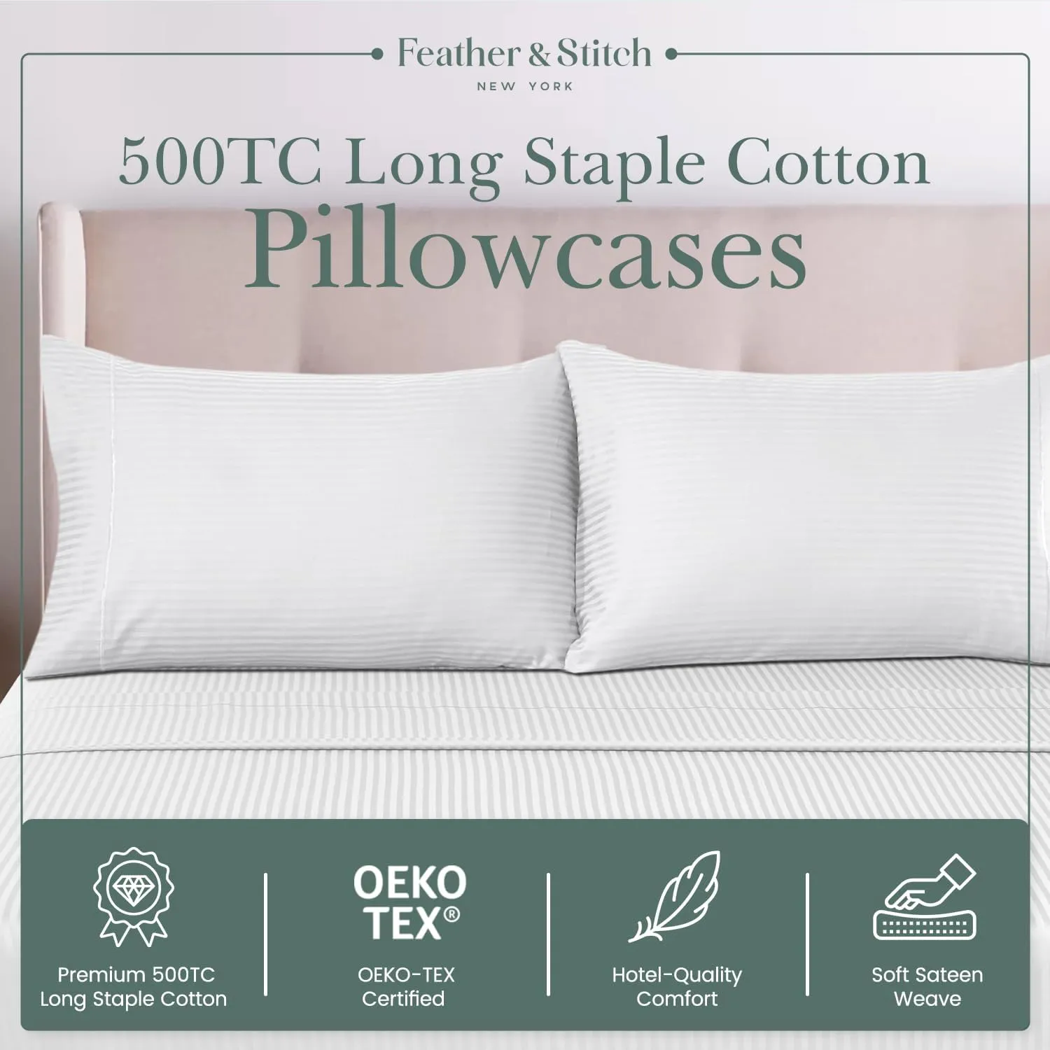 Feather & Stitch Pillow Covers Set of 2, Envelope Closure King Size Pillowcases, Soft Luxury 500 TC Damask Stripe Sateen Weave Pillow Case, 20x40 Inches - White