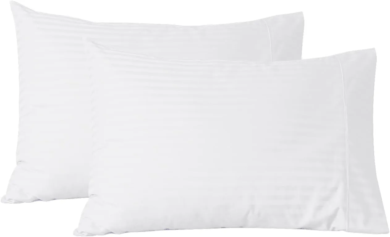 Feather & Stitch Pillow Covers Set of 2, Envelope Closure King Size Pillowcases, Soft Luxury 500 TC Damask Stripe Sateen Weave Pillow Case, 20x40 Inches - White