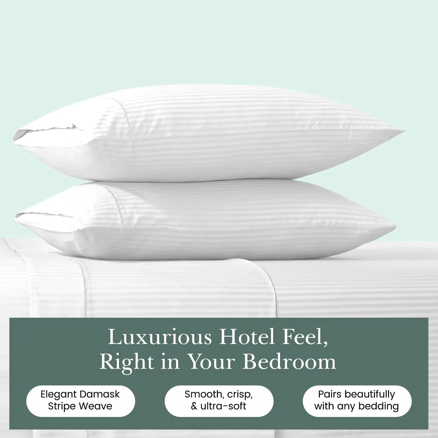 Feather & Stitch Pillow Covers Set of 2, Envelope Closure King Size Pillowcases, Soft Luxury 500 TC Damask Stripe Sateen Weave Pillow Case, 20x40 Inches - White