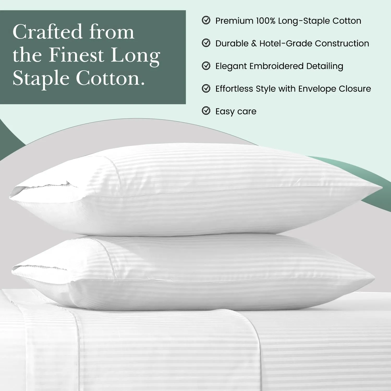 Feather & Stitch Pillow Covers Set of 2, Envelope Closure King Size Pillowcases, Soft Luxury 500 TC Damask Stripe Sateen Weave Pillow Case, 20x40 Inches - White
