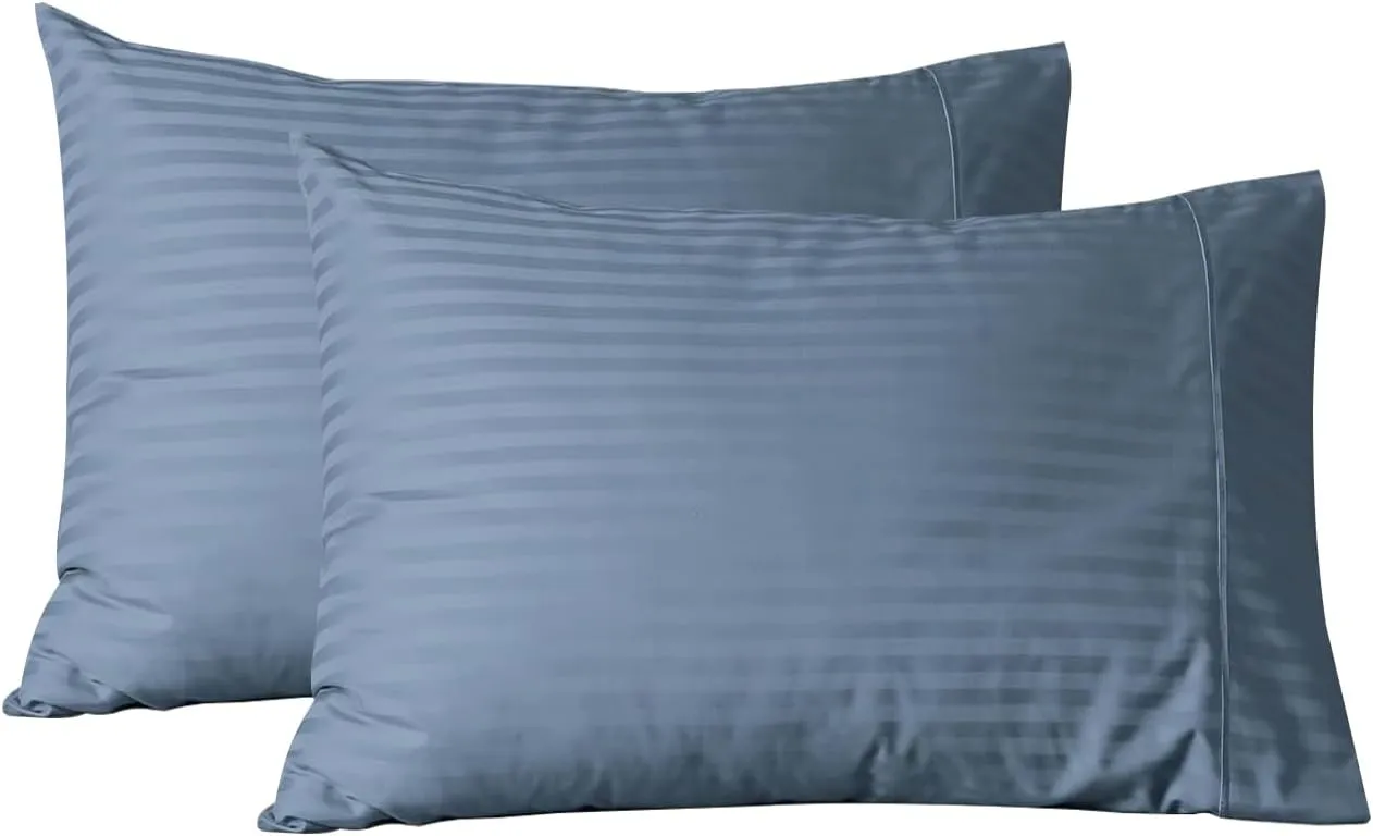Feather & Stitch Pillow Covers Set of 2, Envelope Closure Standard Size Pillowcases, Soft Luxury 500 TC Damask Stripe Sateen Weave Pillow Case, 20x30 Inches - Blue