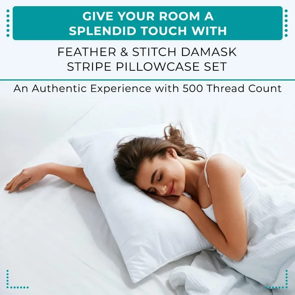 Feather & Stitch Pillow Covers Set of 2, Envelope Closure Standard Size Pillowcases, Soft Luxury 500 TC Damask Stripe Sateen Weave Pillow Case, 20x30 Inches - Blue