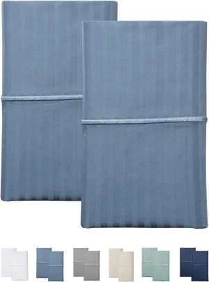 Feather & Stitch Pillow Covers Set of 2, Envelope Closure Standard Size Pillowcases, Soft Luxury 500 TC Damask Stripe Sateen Weave Pillow Case, 20x30 Inches - Blue