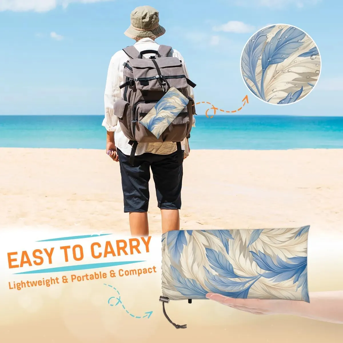 Feather Beach Blanket, Sandproof Beach Mat, 68 x 59 Waterproof Quick Drying Sand Free Mat with 4 x Ground Spikes for Outdoor Travel Camping Hiking, Bohemian Theme