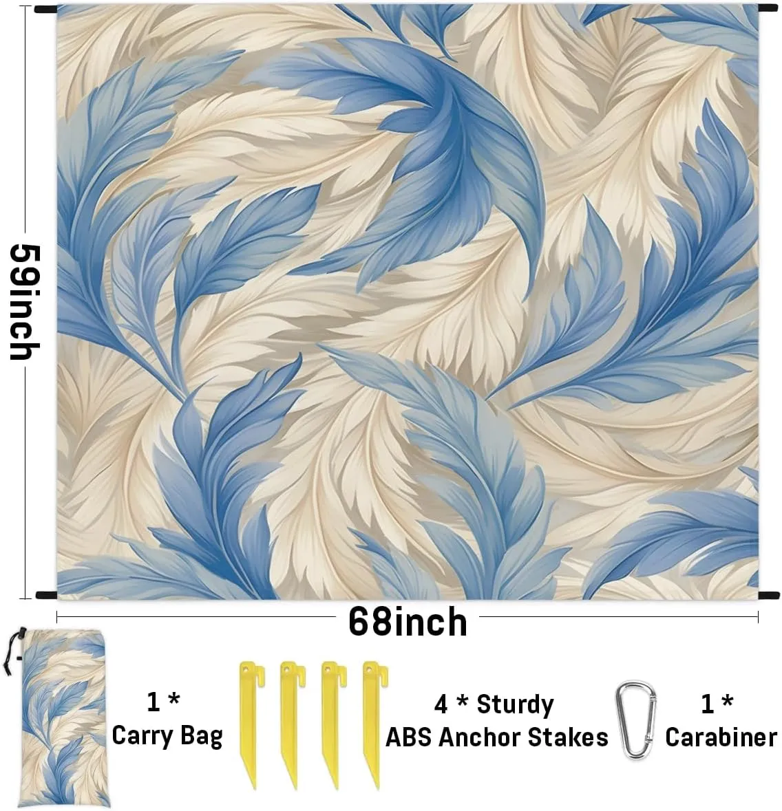 Feather Beach Blanket, Sandproof Beach Mat, 68 x 59 Waterproof Quick Drying Sand Free Mat with 4 x Ground Spikes for Outdoor Travel Camping Hiking, Bohemian Theme