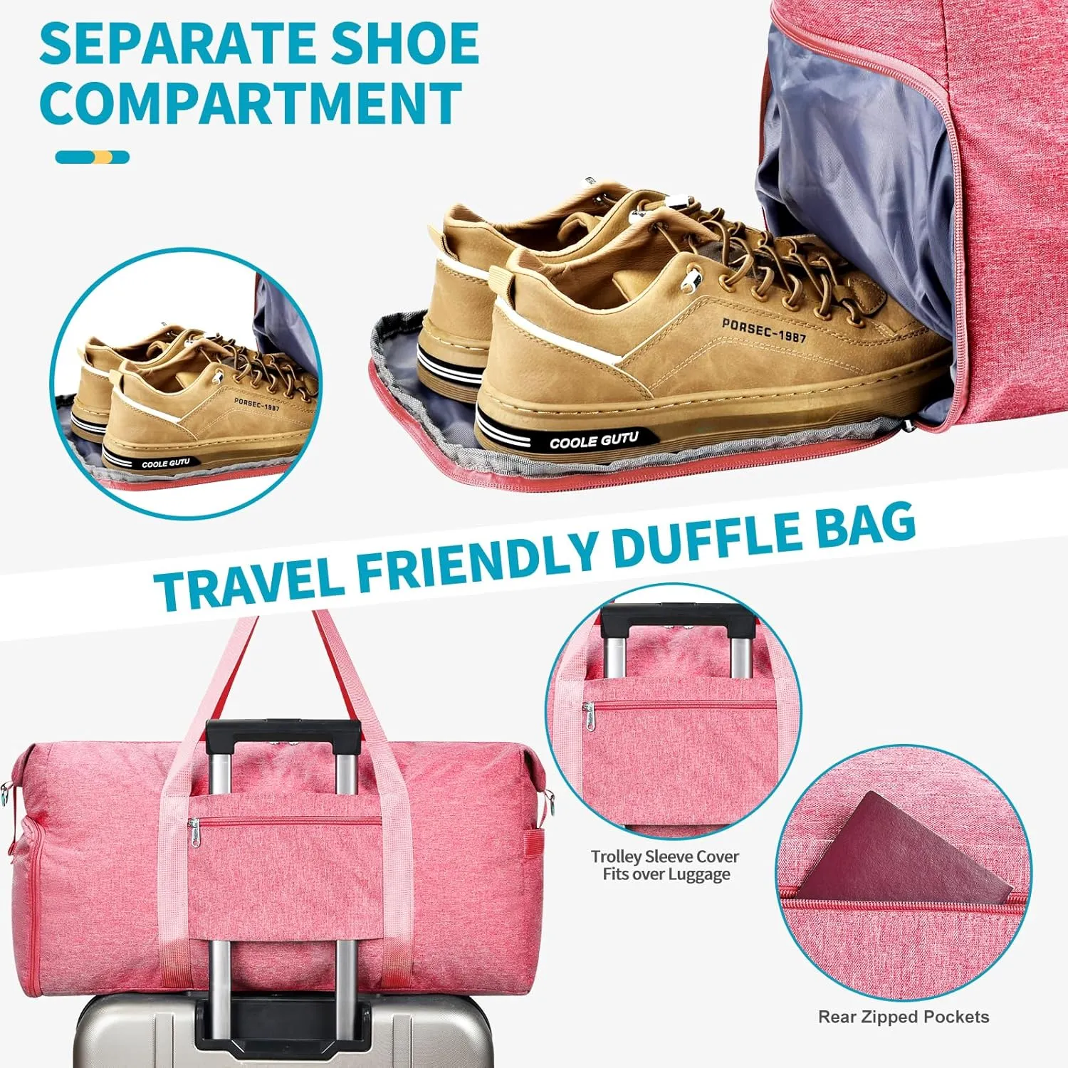 Felipe Varela For Spirit Airlines Personal Item Bag 18x14x8, Foldable Travel Duffel Bags Small Overnight weekender Gym Duffle Carry on Luggage Underseat Bag with Wet Pocket(Pink, 30L)