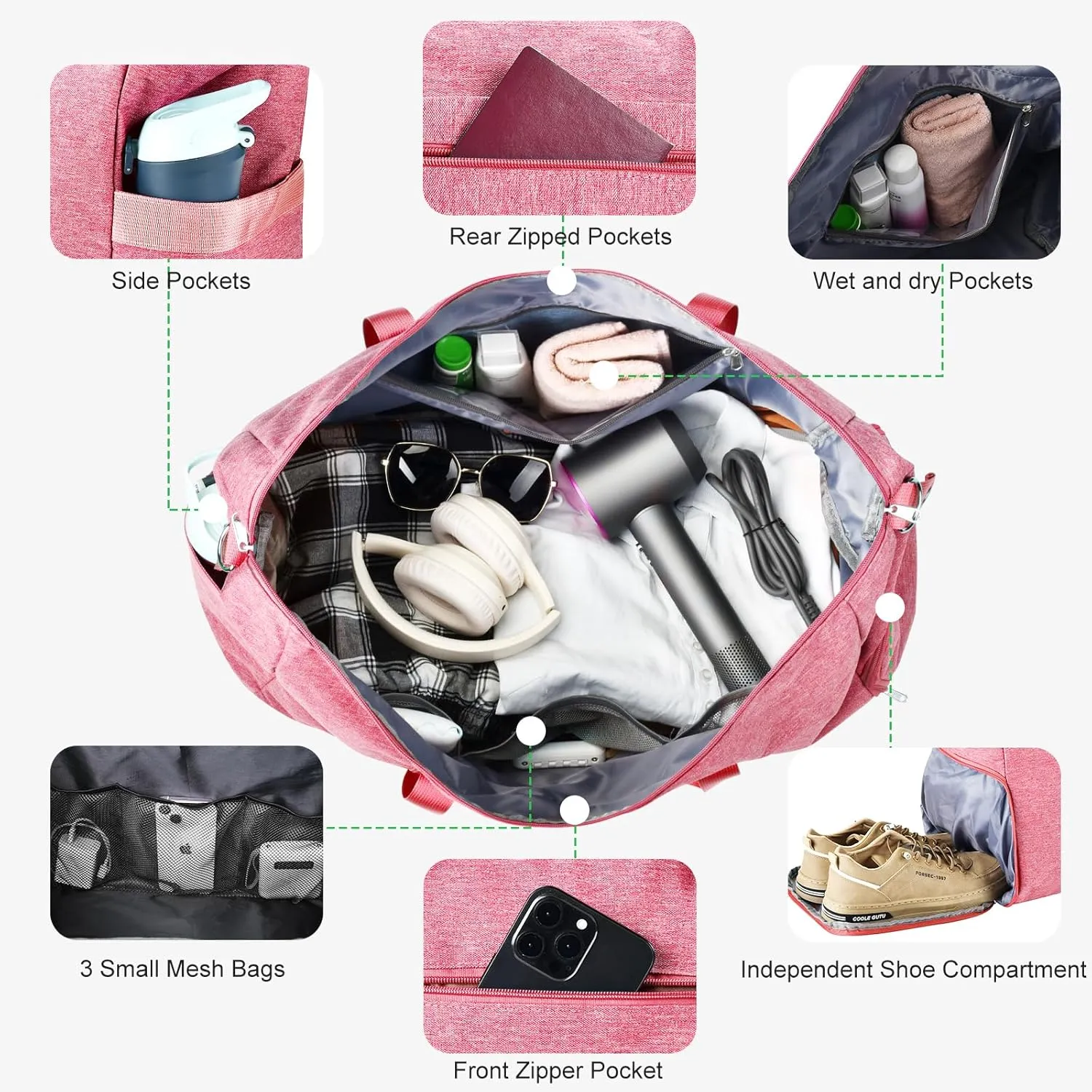 Felipe Varela For Spirit Airlines Personal Item Bag 18x14x8, Foldable Travel Duffel Bags Small Overnight weekender Gym Duffle Carry on Luggage Underseat Bag with Wet Pocket(Pink, 30L)